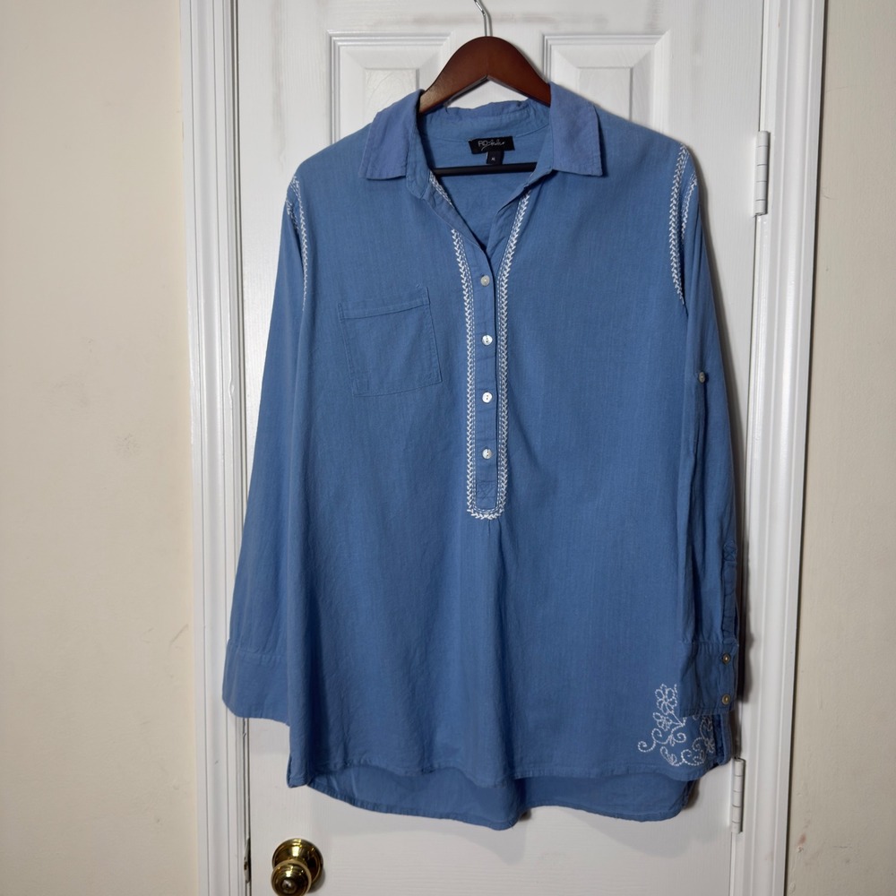 RD & Koko Blue Linen Blend Embroidered Tunic Top XL Boho Roll Tab Sleeve